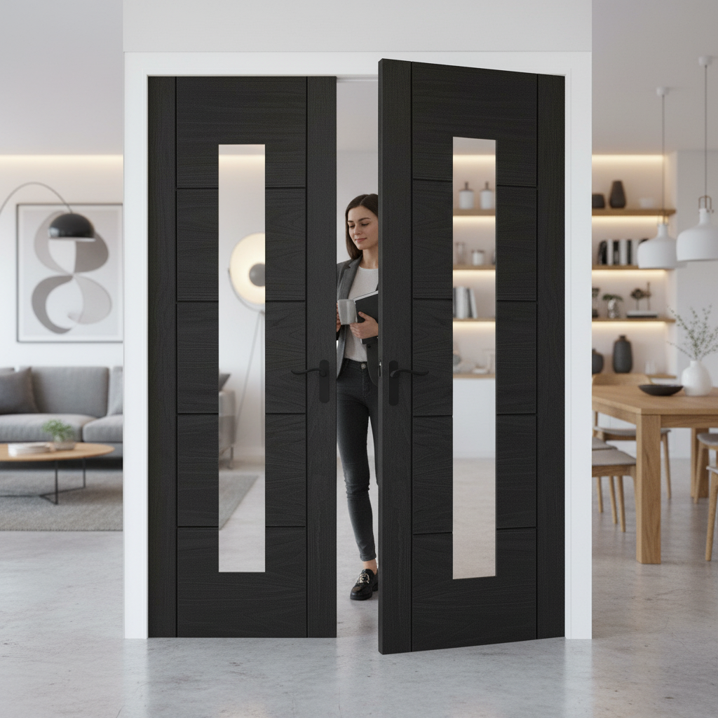 Internal Black Finished Oak Door Pair with Clear Glass Li...
