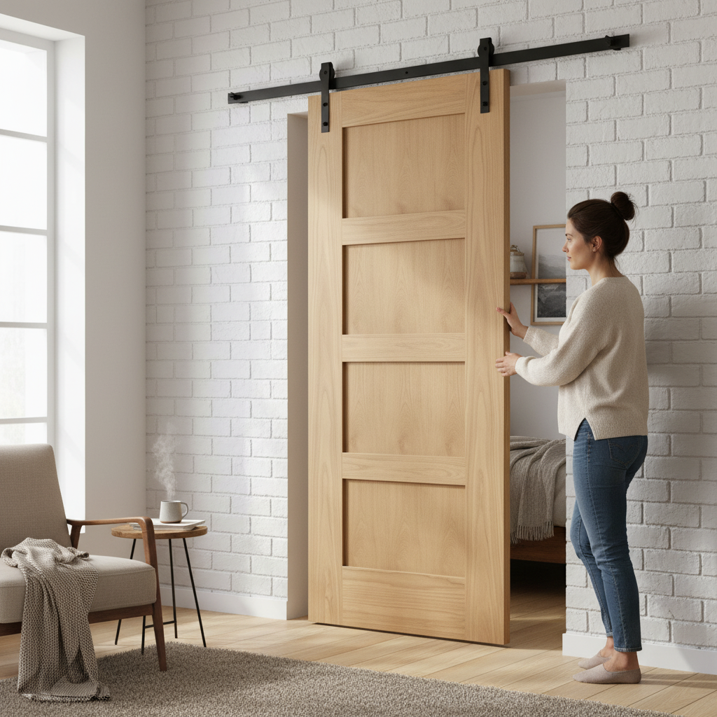 Premium Unfinished Oak Internal Shaker 4 Panel Barn Door for Rustic Elegance - High-Quality Professional Grade for Industrial and Commercial Applic...