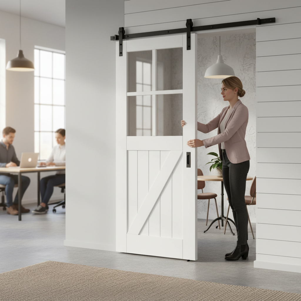 White Primed Barn Sliding Door Set with 4 Light Clear Gla...