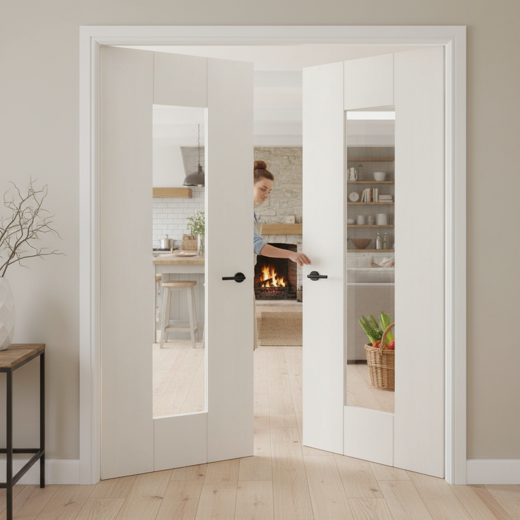 Premium White Glazed Double Door Pair with Clear Tempered Safety Glass and Semi-Solid Core Construction for Modern Interiors