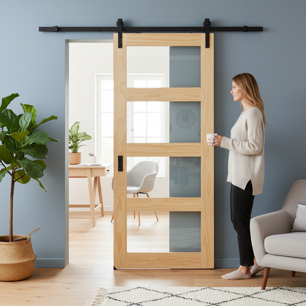 Premium Clear Pine Internal Unfinished Shaker 4 Light Glass Sliding Door with Sophisticated Black Top Mounted Kit