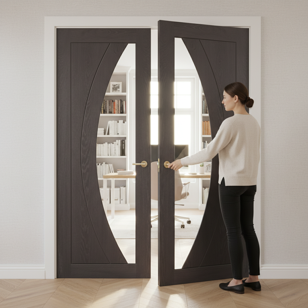 Premium Umber Grey Laminated Door Pair with Clear Glazed Finish and Textured Surface for Contemporary Design