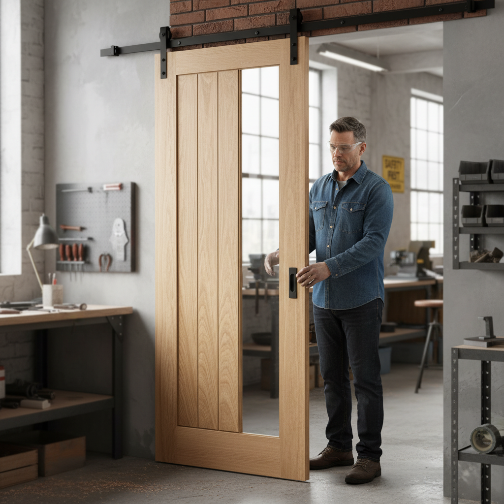 Unfinished Oak Internal Sliding Door with Clear Offset Gl...