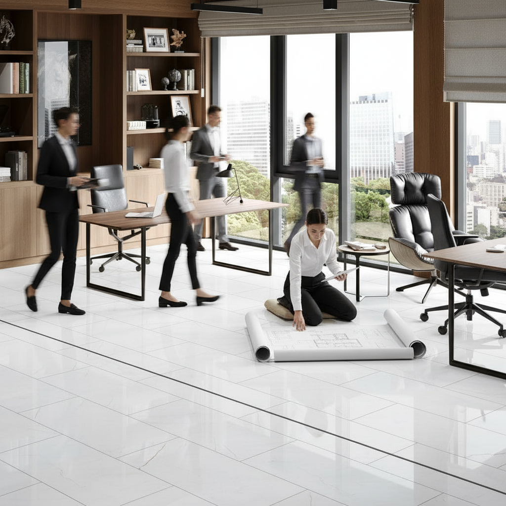 High Gloss Laminate Flooring - White Marble Effect, 8mm T...