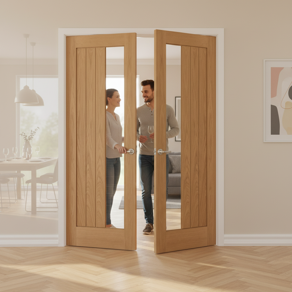 Internal Oak Pair Doors with Clear Offset Glass Panel - F...