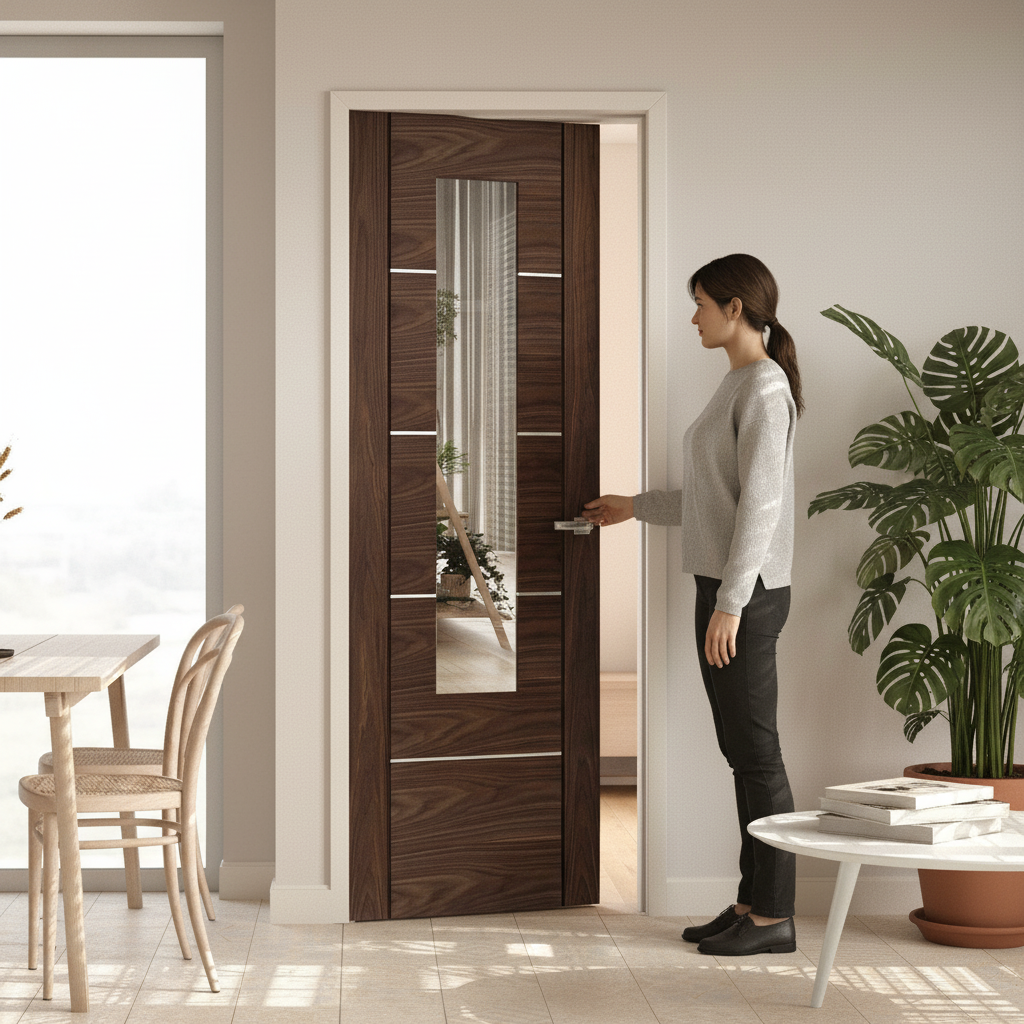 Internal Walnut Fully Finished Door with Clear Glass Pane