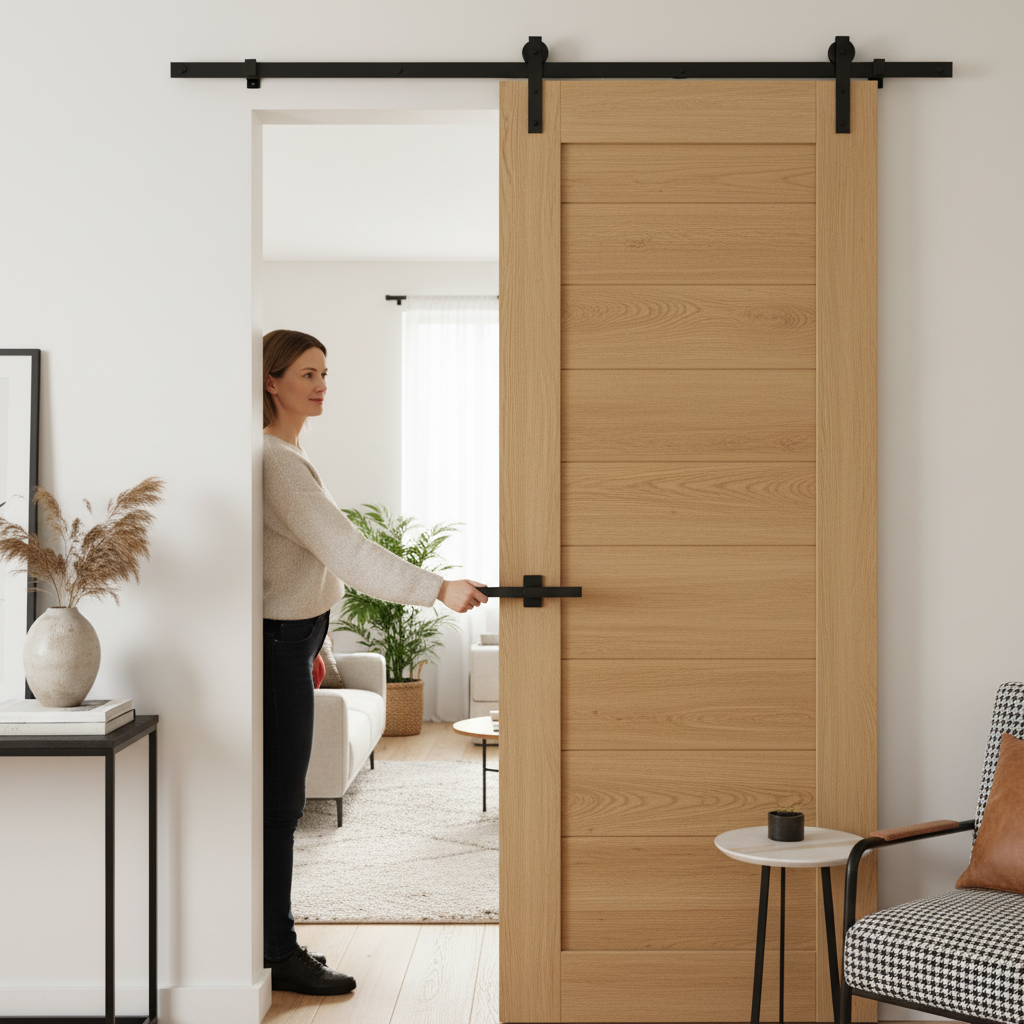 Oak Internal Fully Finished Sliding Door with Black Top M...
