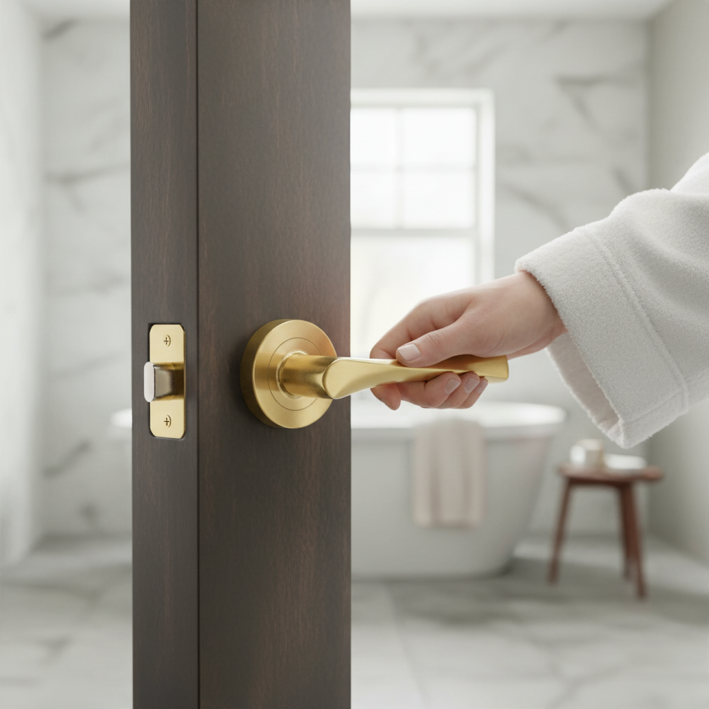 Round Rose Lever Door Bathroom Handle Set with Satin Bras...