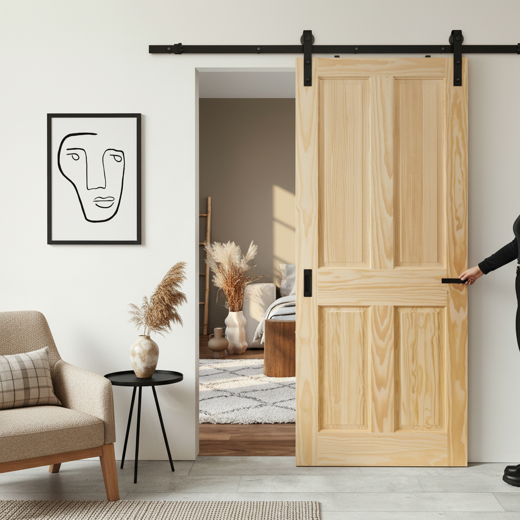 Unfinished Clear Pine Internal 4 Panel Sliding Door Set