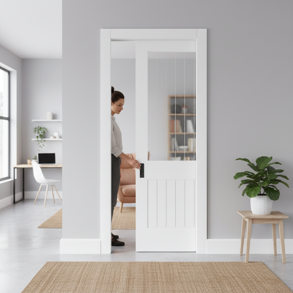 White Primed Internal Pocket Door Set with Etched Lined C...