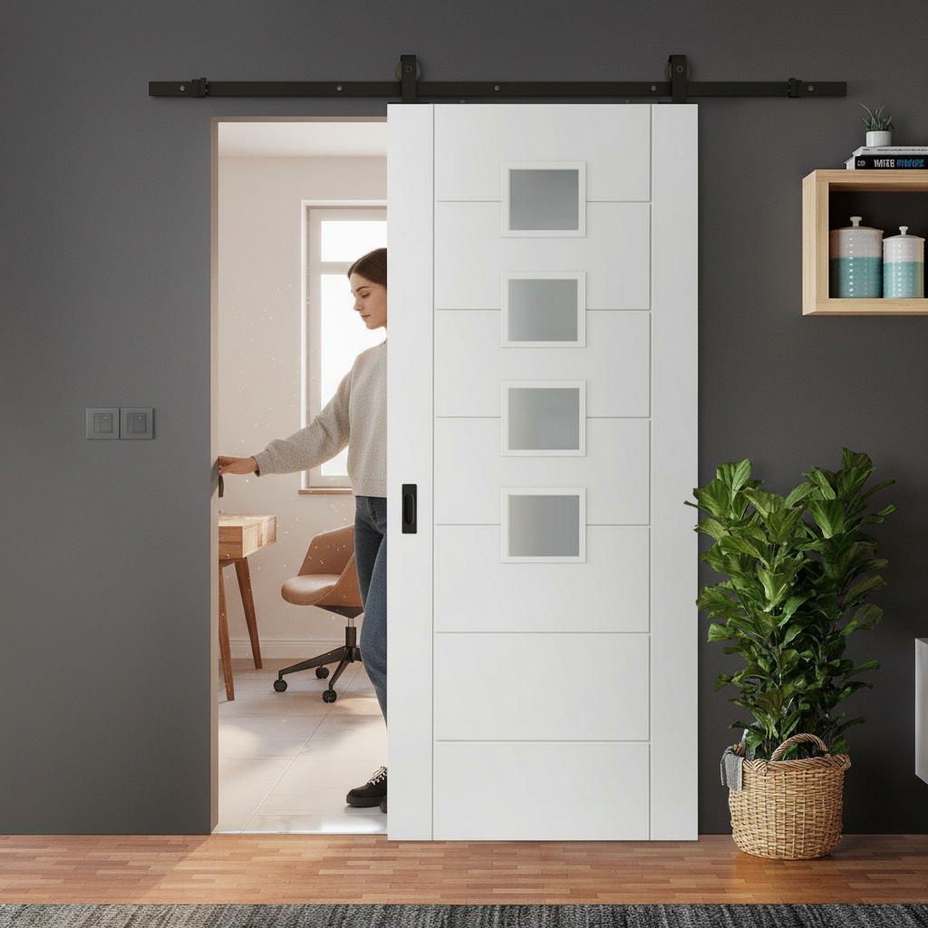 White Internal Primed Sliding Door with 7 Panels and 4 Li...
