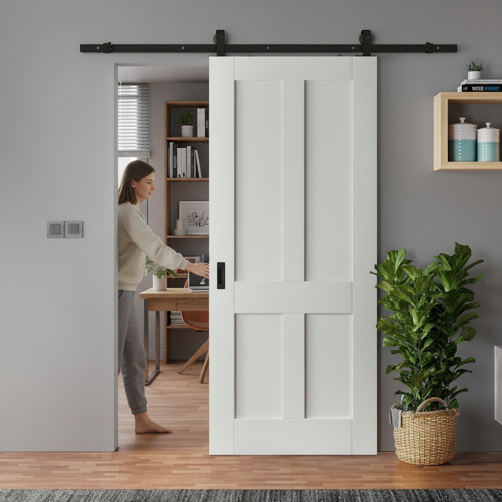 White Primed Internal Victorian Shaker 4 Panel Sliding Door