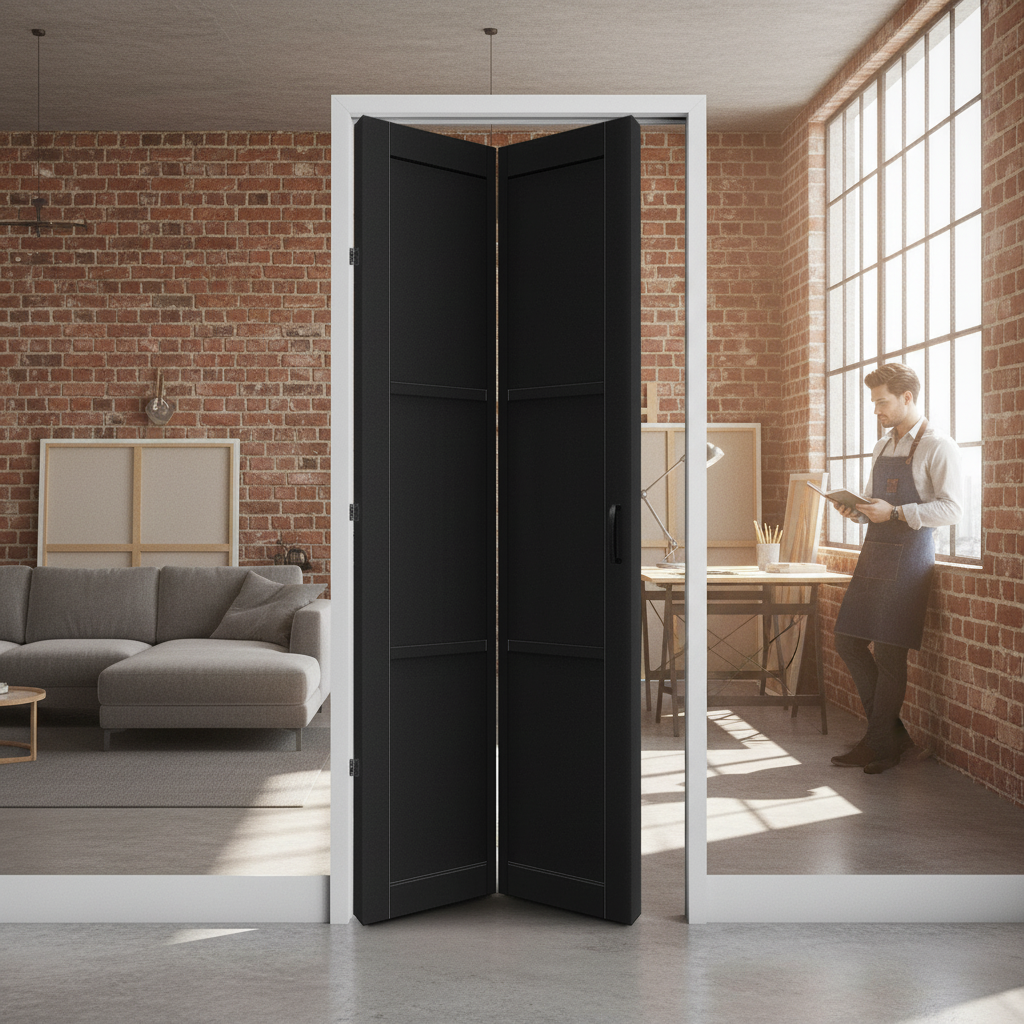 Premium Internal Fully Finished Industrial Studio 3 Panel Bi-fold Door with Modern Design and Jet Black Finish