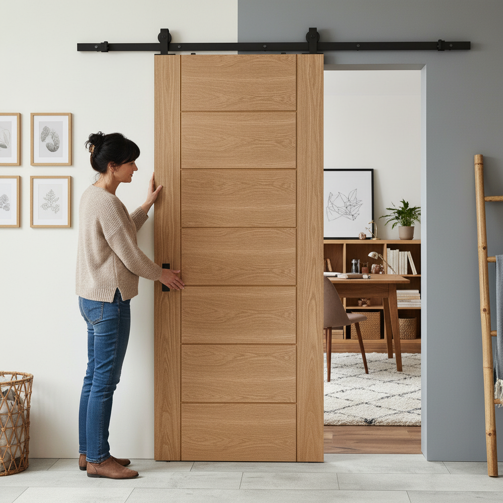 Oak Internal Fully Finished Sliding Door with Black Top M...