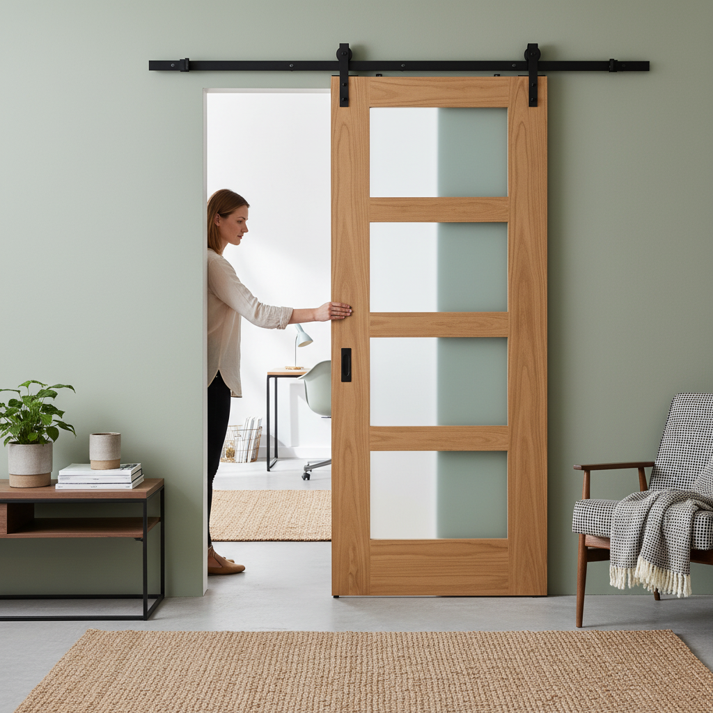 Unfinished Shaker Sliding Door with 4 Light Obscure Glass...