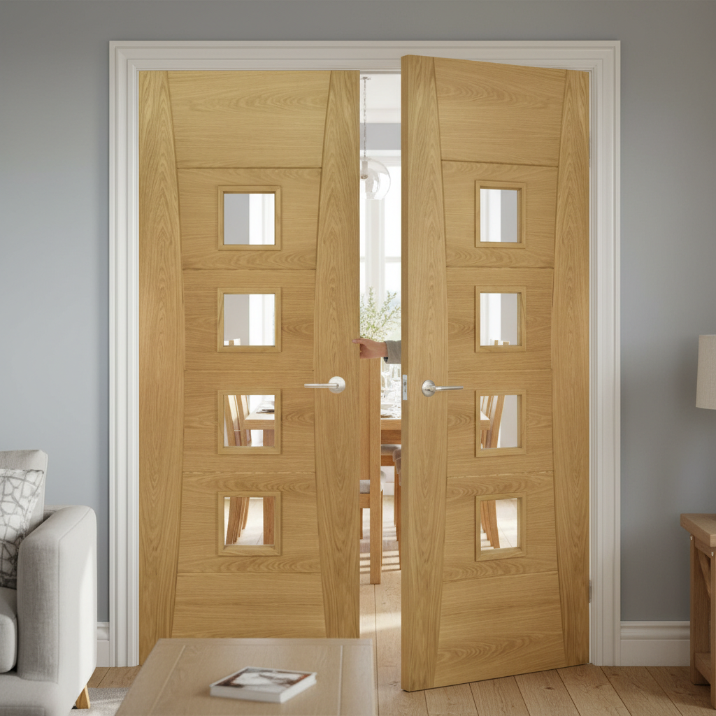 Premium Oak Glazed Double Door Pair with Real American Veneers and Clear Toughened Glass