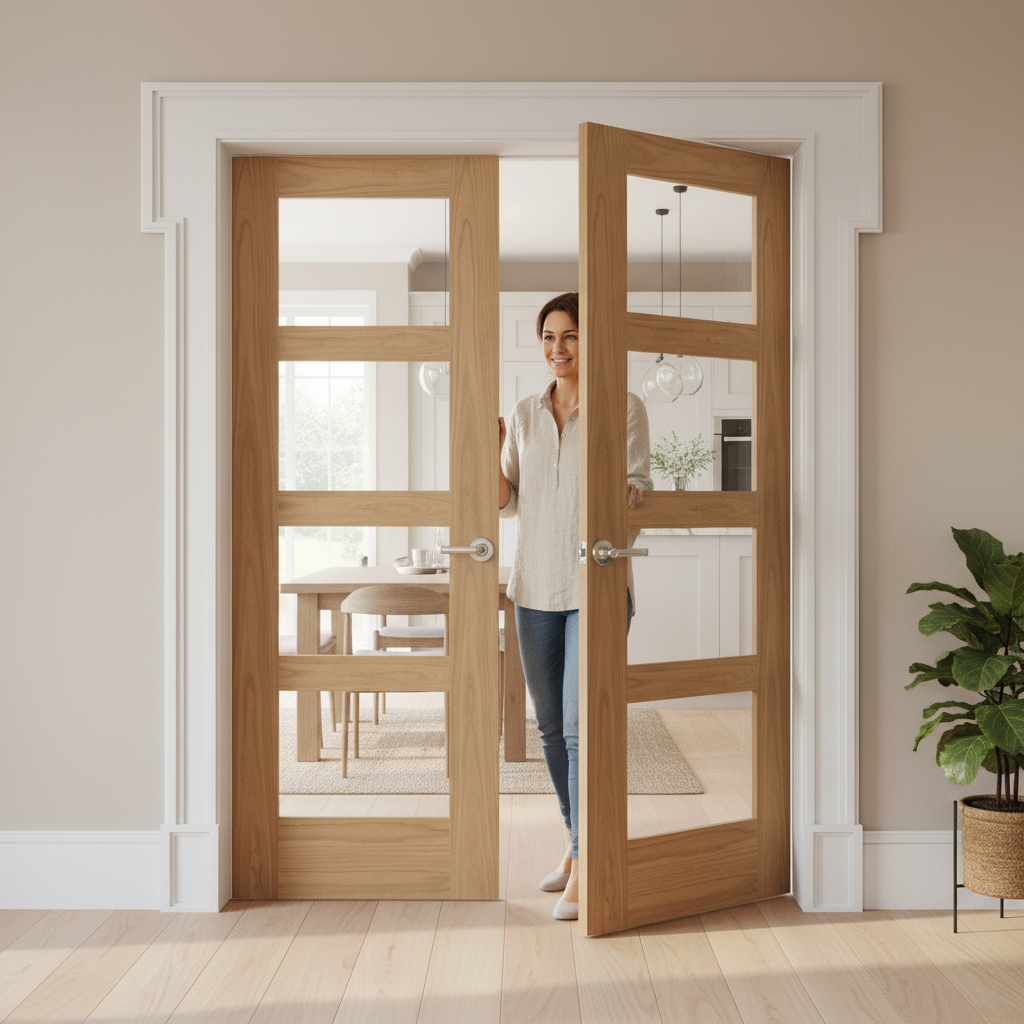 Internal Oak Unfinished Shaker 4 Light Glazed Pair Door