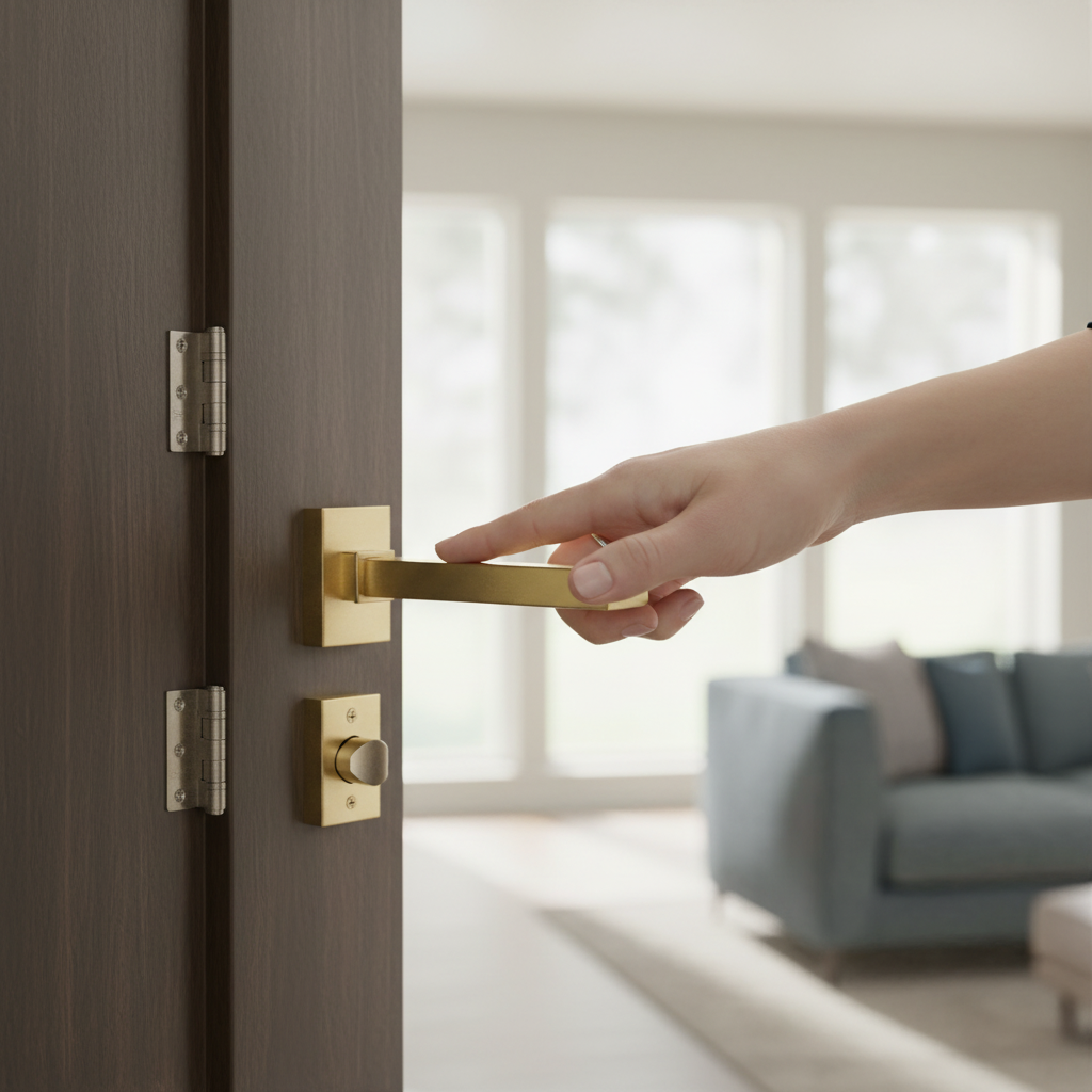 Square Rose Lever Door Handle Set in Satin Brass - Modern...
