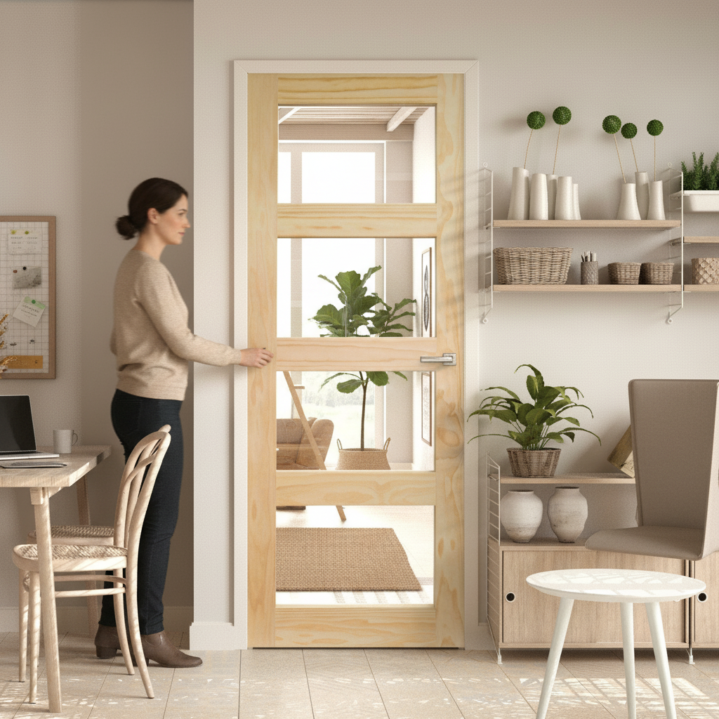 Premium Clear Pine Internal Unfinished Shaker Door with 4 Light Toughened Safety Glass Panes for Modern Interiors
