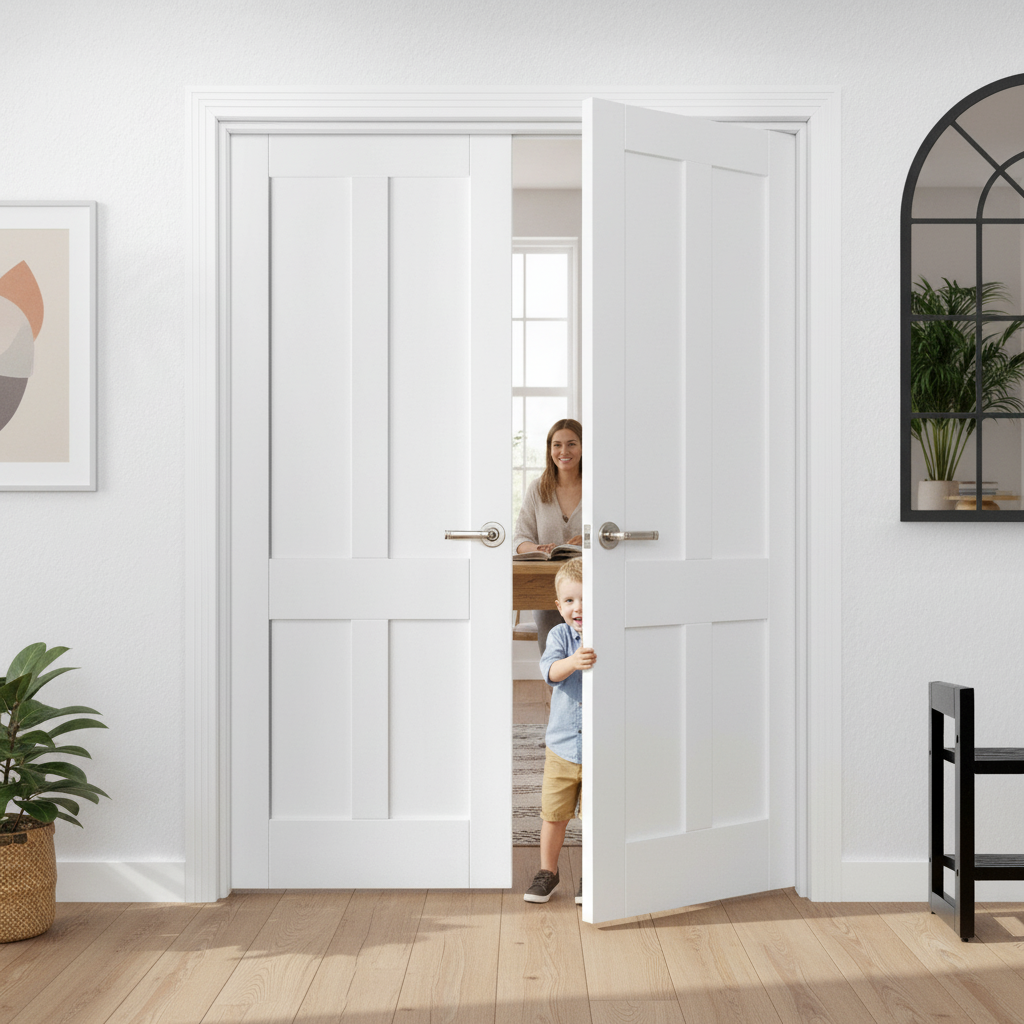 Internal White Primed Victorian Shaker 4 Panel Door Pair
