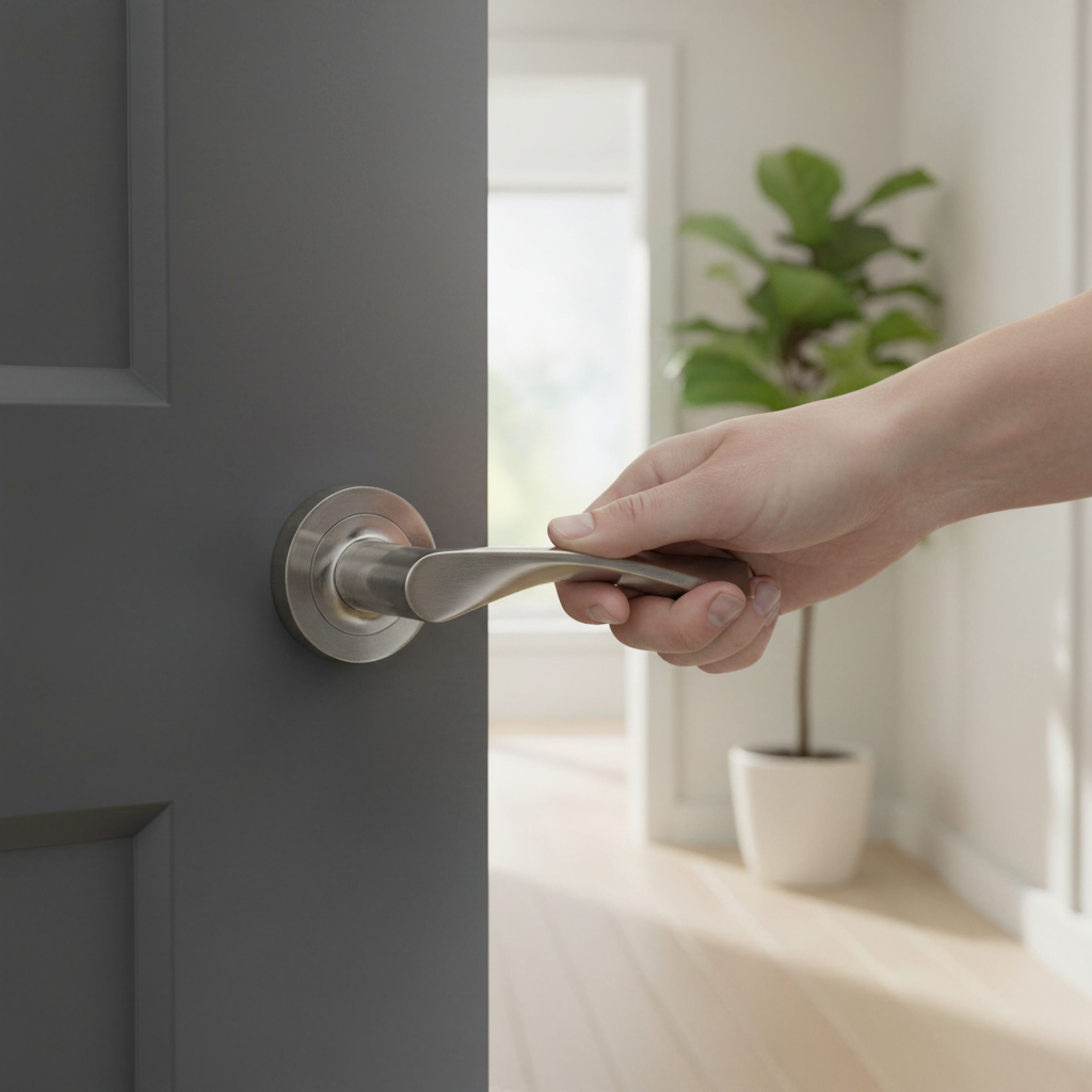 Premium Curved Lever Door Handle on Round Rose - Satin Nickel Finish for Modern Interiors