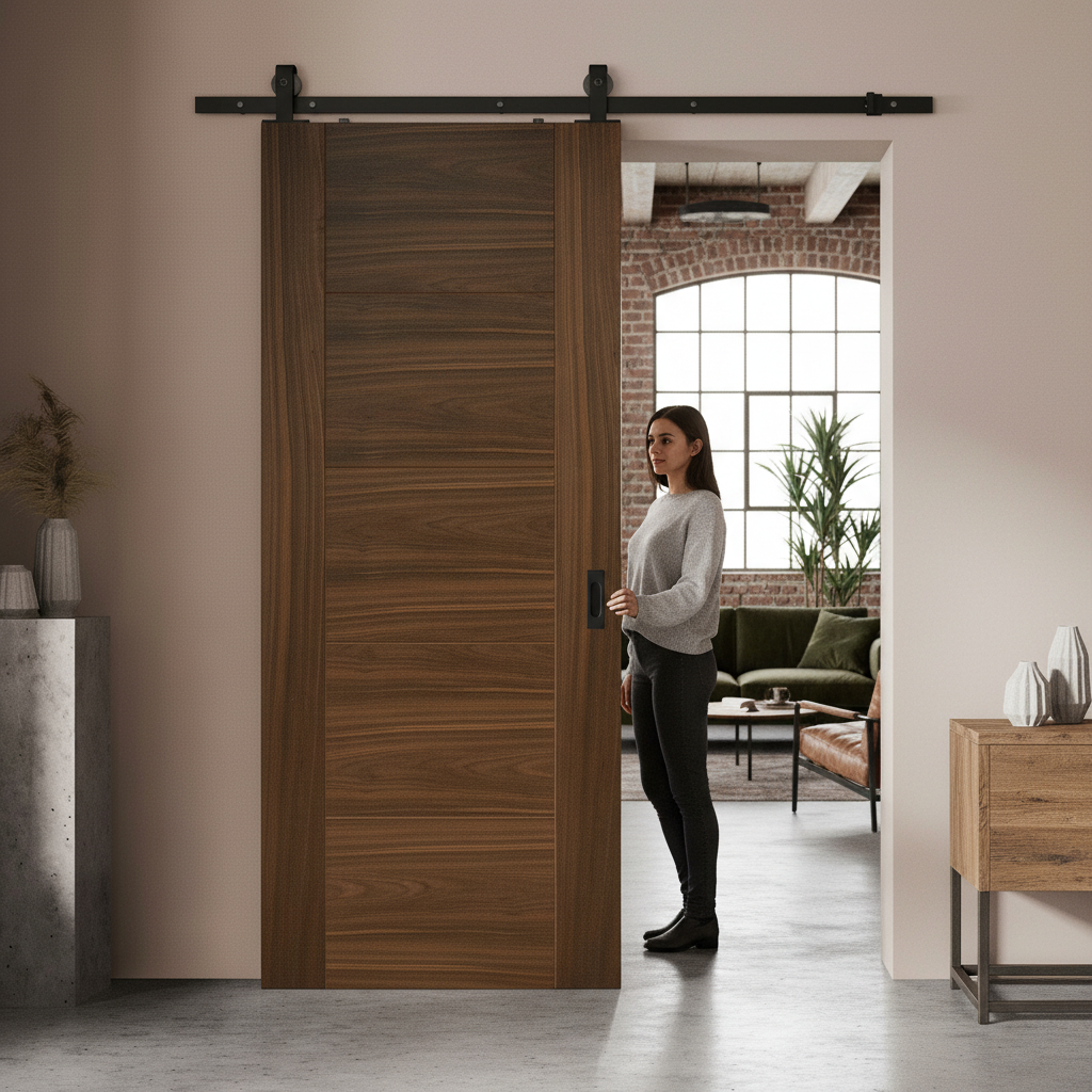 Walnut Internal Fully Finished Sliding Door with Black St...