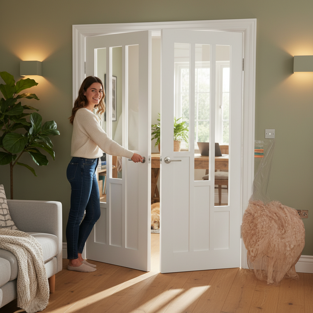 Premium White Glazed Double Door Pair with 6 Inset Panels, Solid Core Construction and Clear Tempered Safety Glass