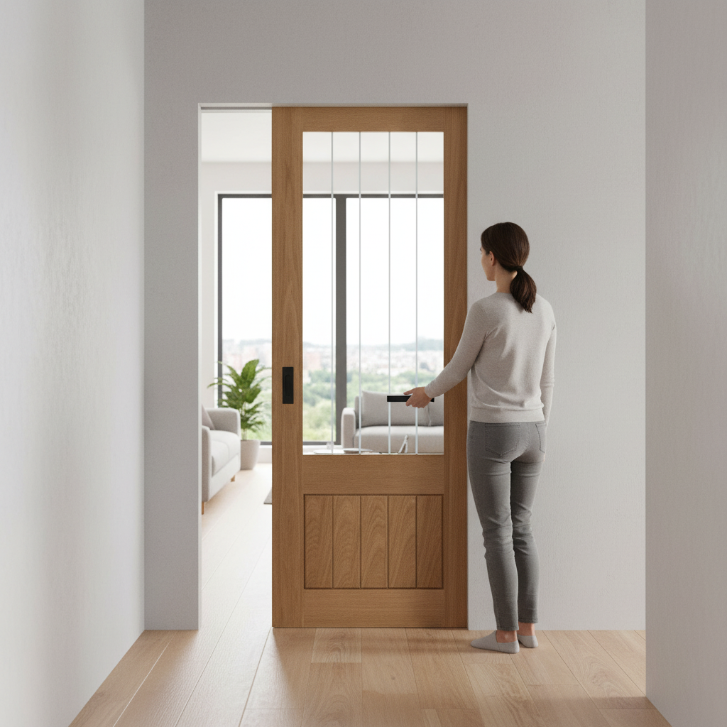 Oak Pocket Door Set with Obscure Lined Clear Glass Panel