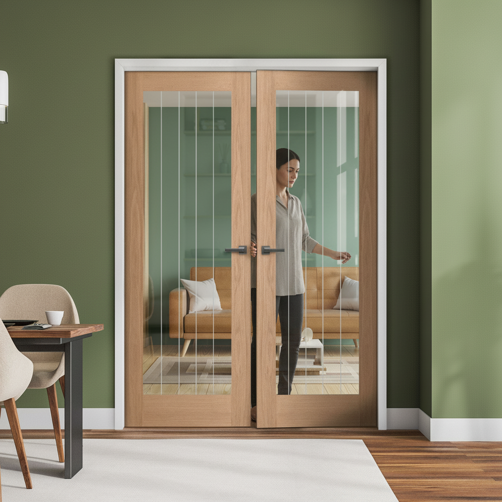 Unfinished Oak Pair Door with Obscure Lined Glass Panel