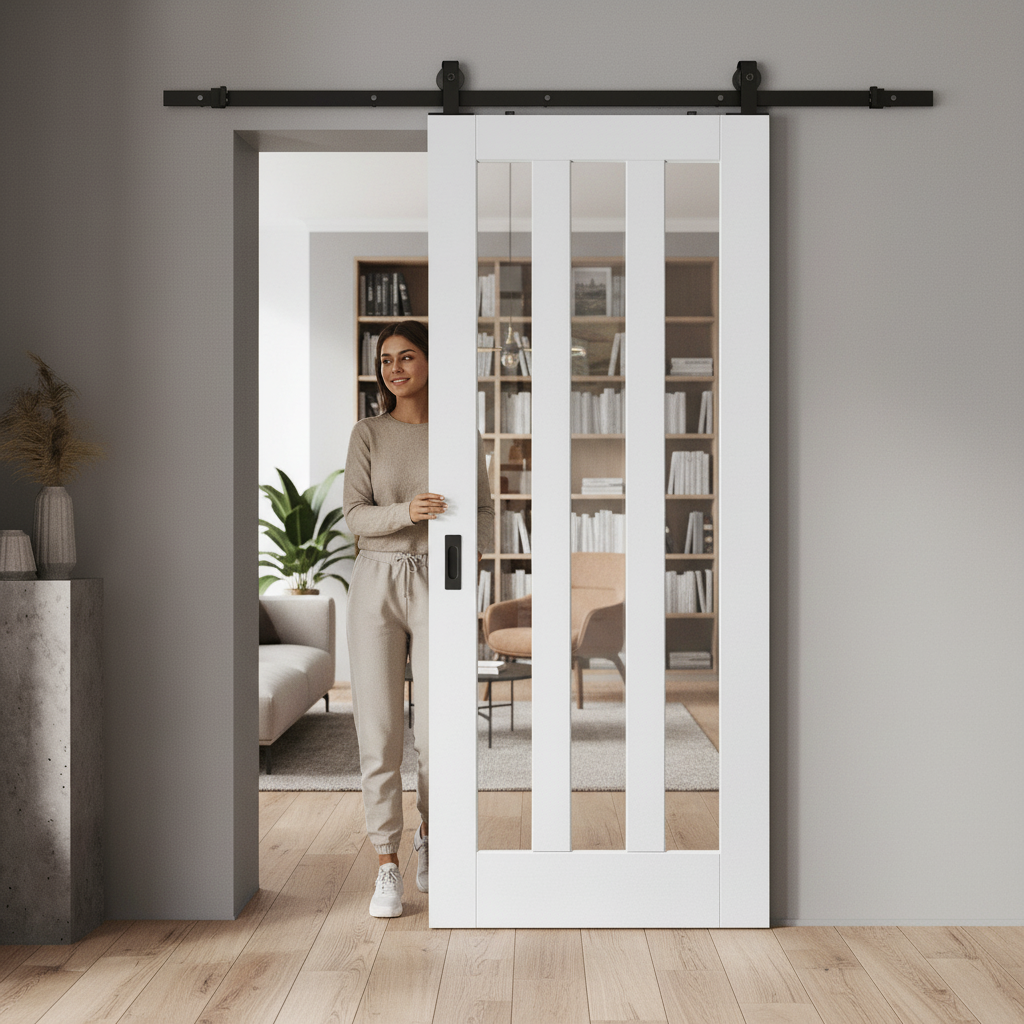 Internal Sliding Door with Three Clear Glass Panes and So...