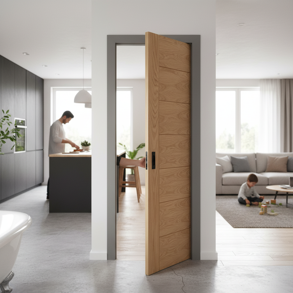 Fully Finished Internal Pocket Door Set with Rich Oak Finish