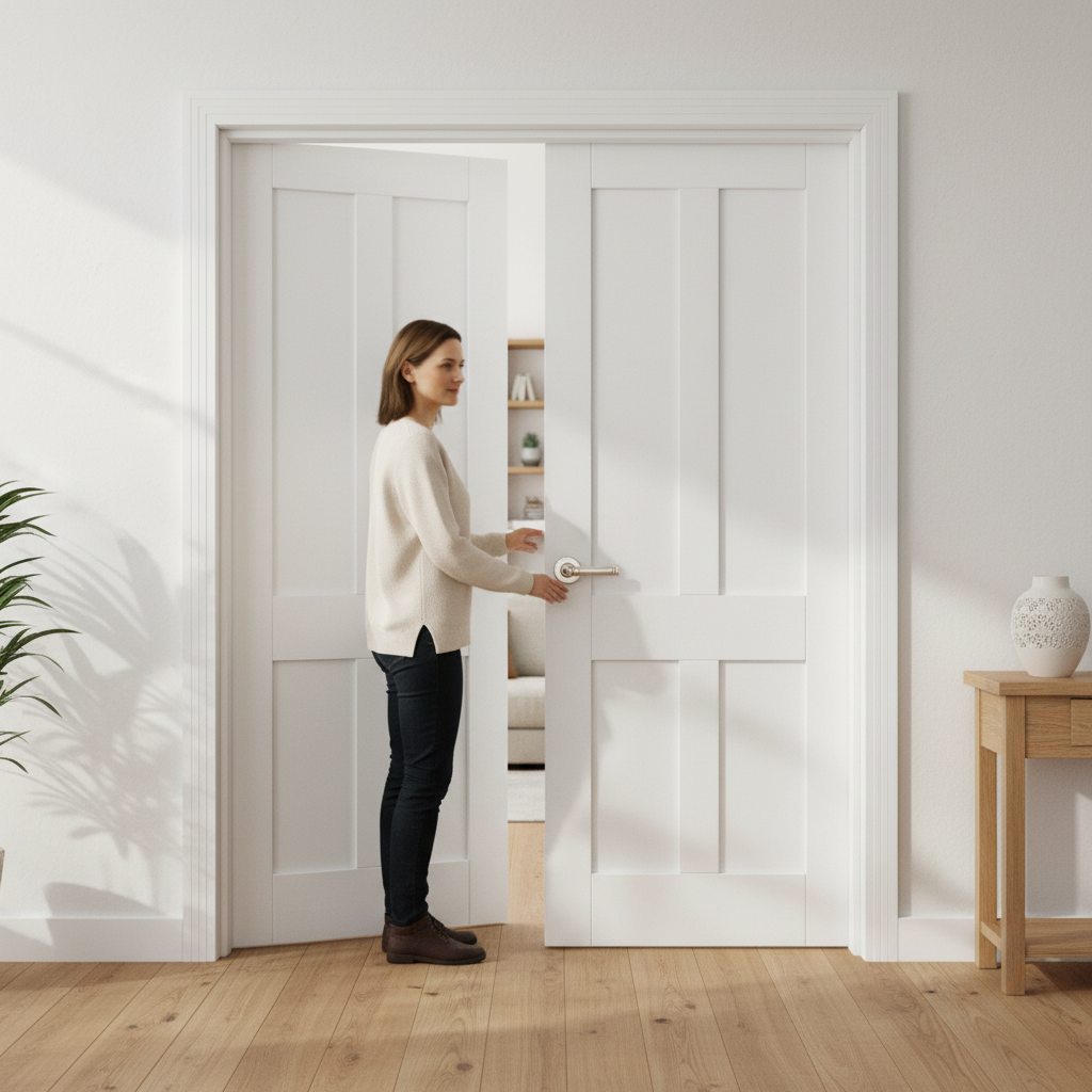 Internal White Primed Victorian Shaker 4 Panel Door Pair