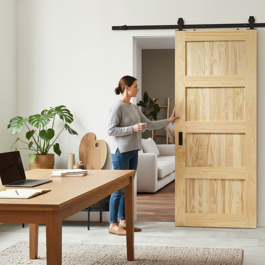 Premium Clear Pine Internal Unfinished Shaker 4 Panel Sliding Door with Top Mounted Kit for Custom Finishing