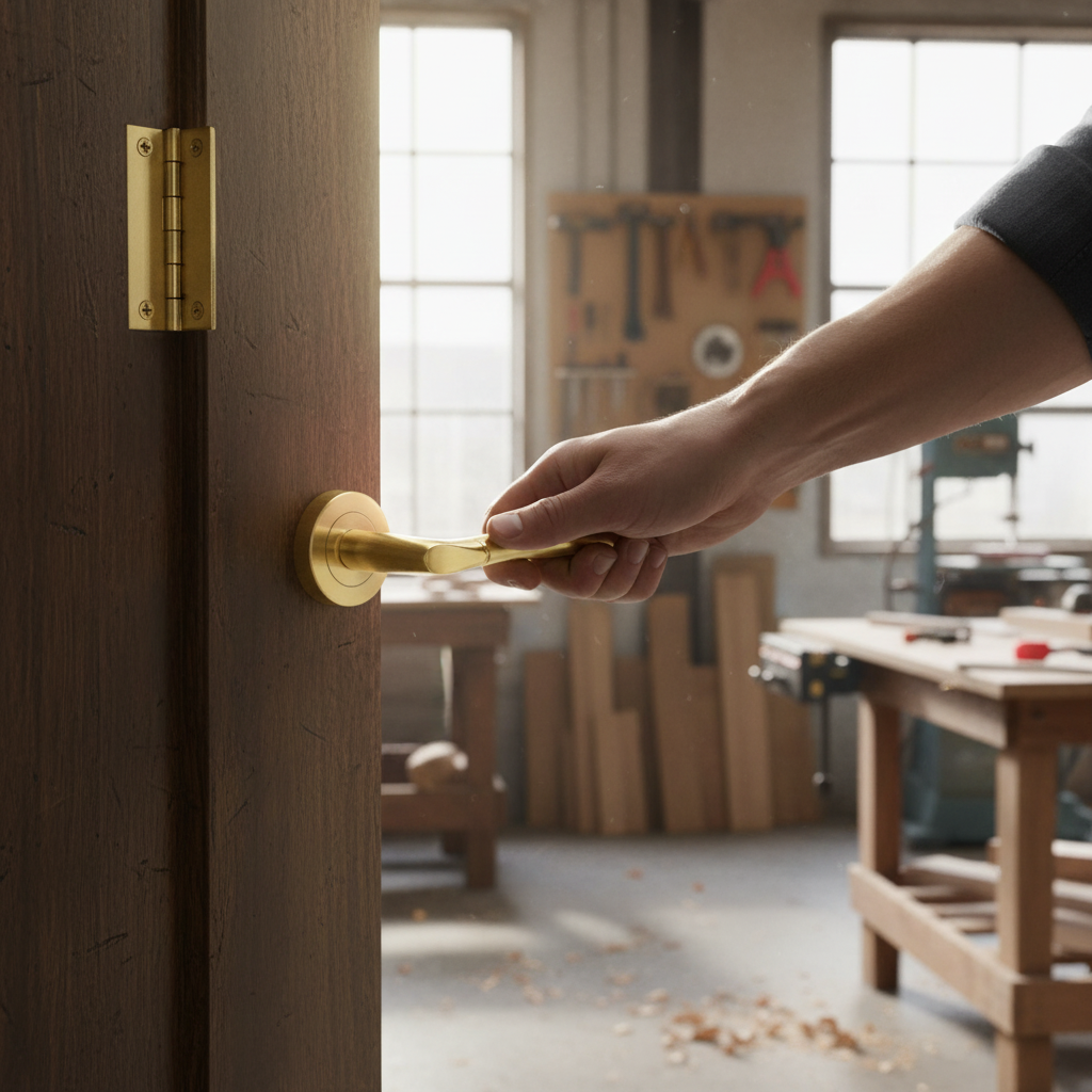 Round Rose Lever Door Handle Set in Satin Brass - Ergonom...