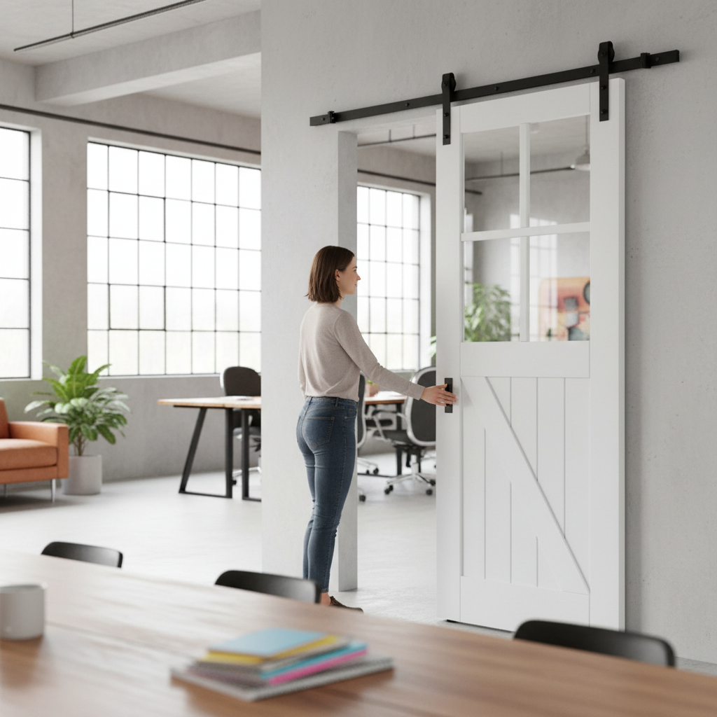 White Primed Barn Sliding Door Set with 4 Light Clear Gla...