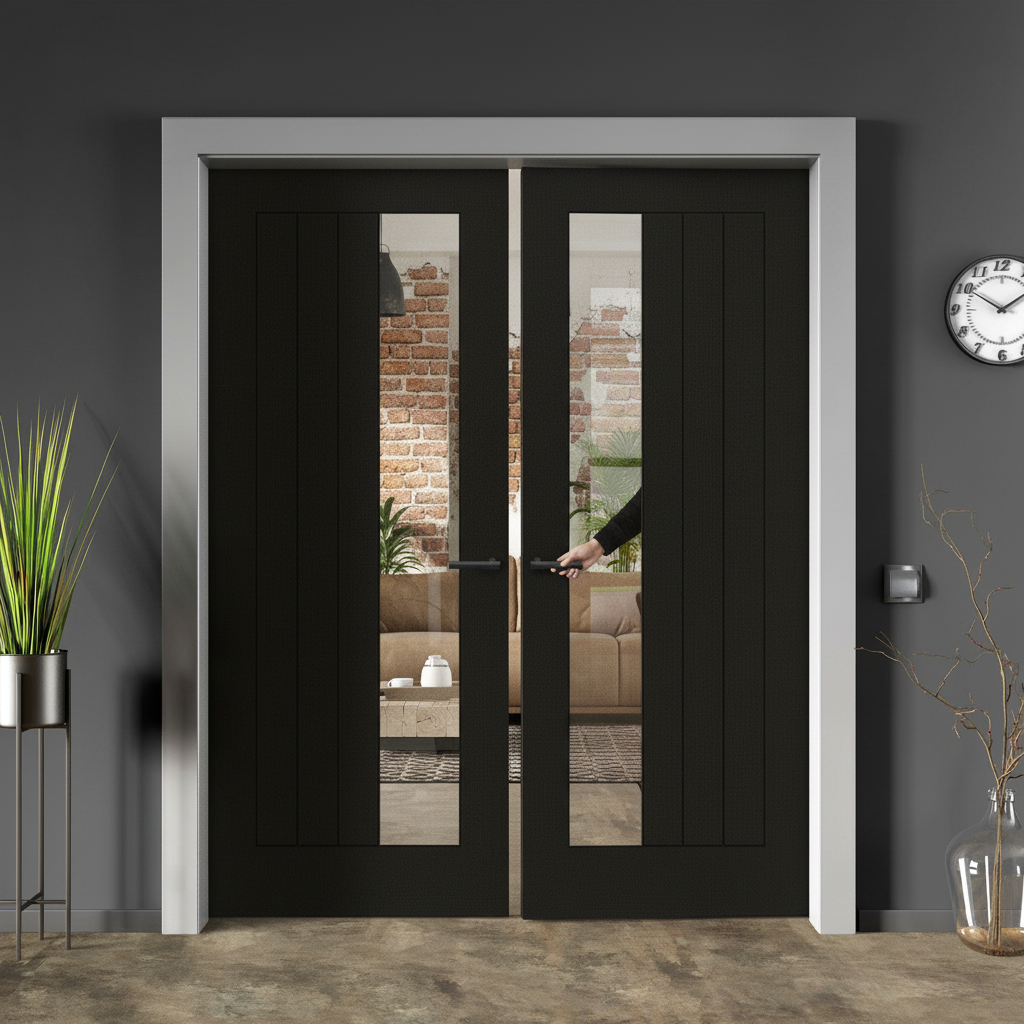 Fully Finished Oak Pair Door with Offset Clear Glass Pane...