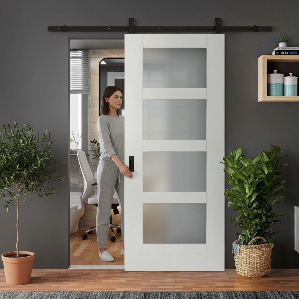 Internal Sliding Door with 4 Light Obscure Glass Panels -...