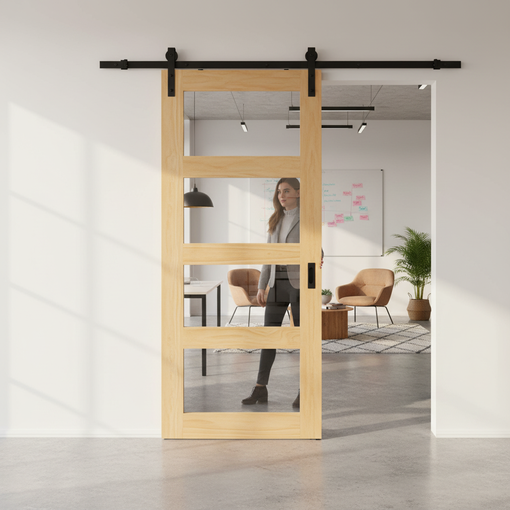 Premium Internal Clear Pine Unfinished Shaker Sliding Door Set with 4 Light Clear Glass Panels and Black Steel Track for Modern Ambiance