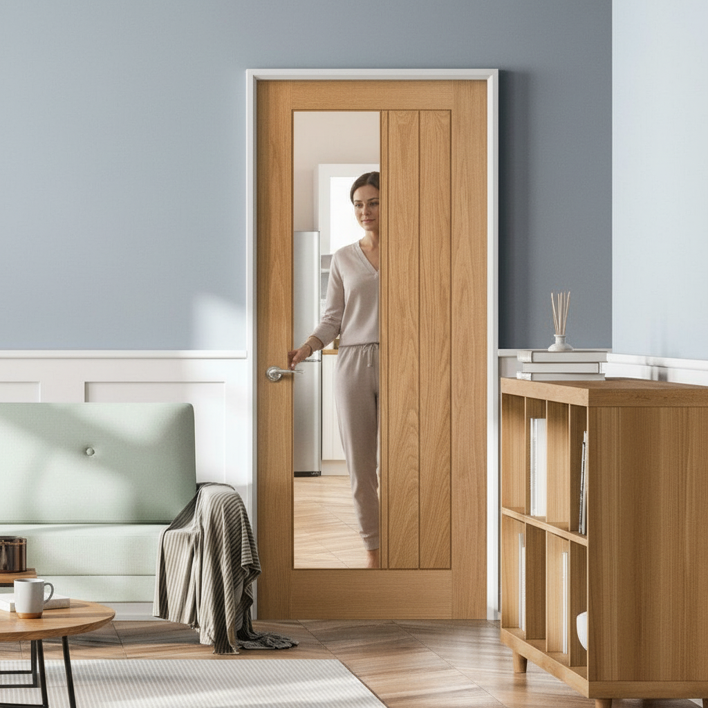 Premium Oak Internal Unfinished Fire Door with Clear Toughened Glass - Custom Size FD30 Fire Protection