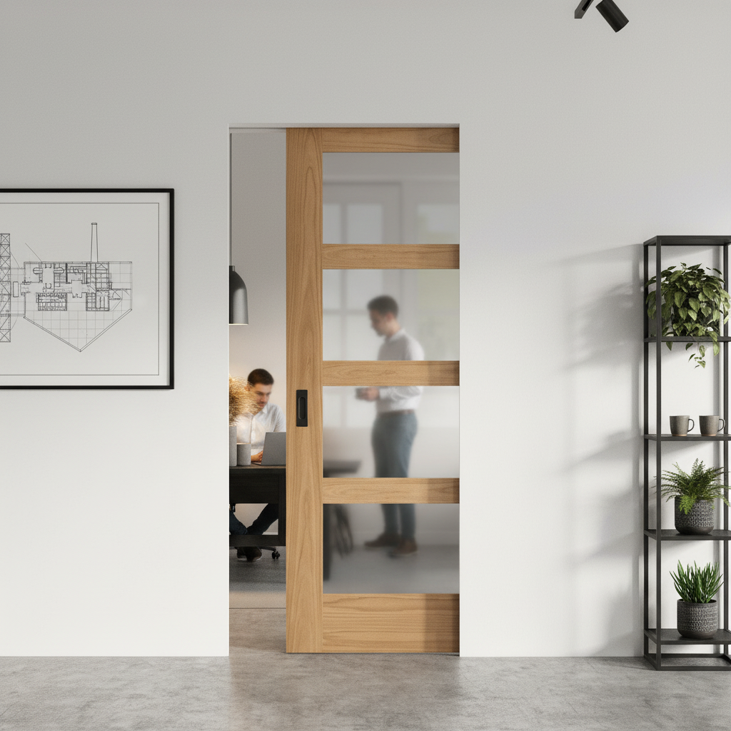 Shaker Style Pocket Door Set with 4 Light Obscure Glass P...