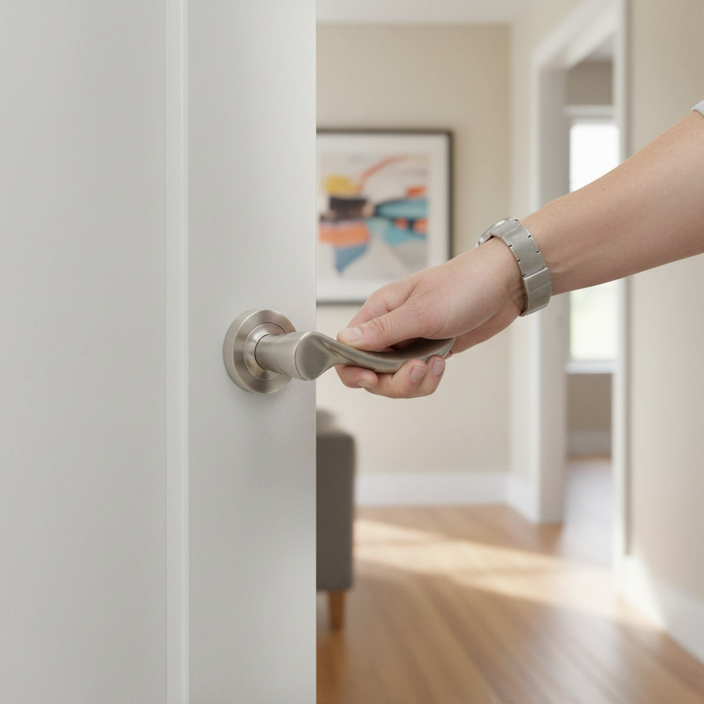 Round Lever Door Handle Set with Satin Nickel Finish - In...