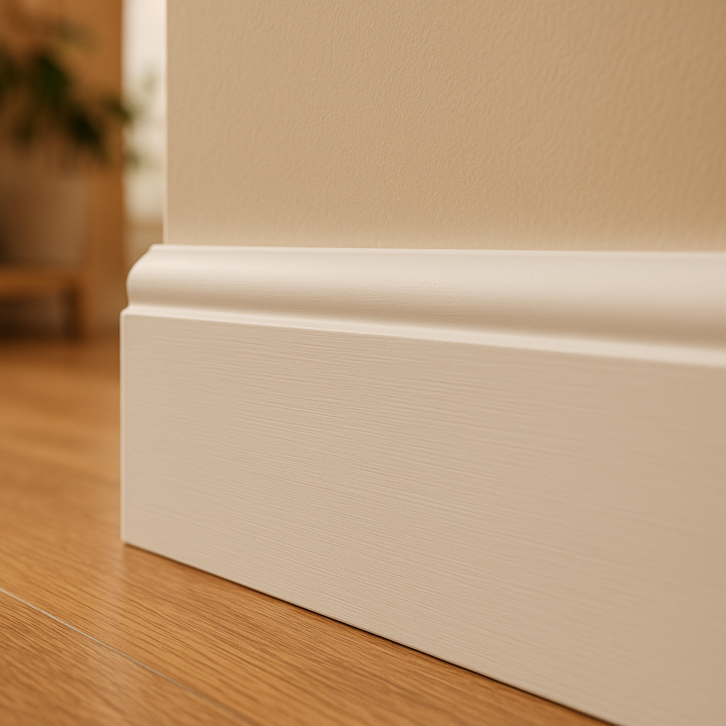 White Painted Chamfered Skirting Board 14mm x 90mm, 2.4m Length - detail view