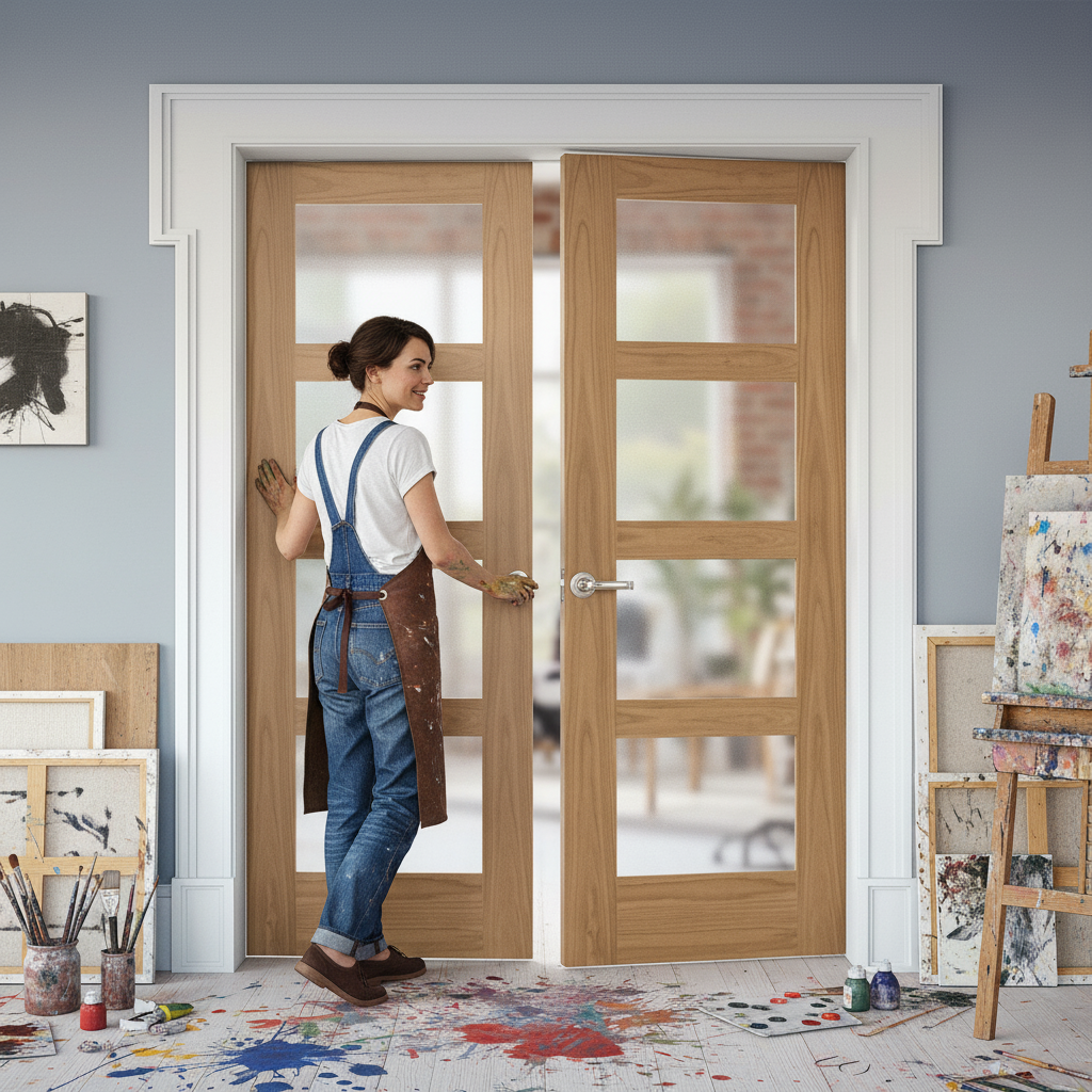 Internal Oak Unfinished Shaker Pair Door with 4 Light Obs...