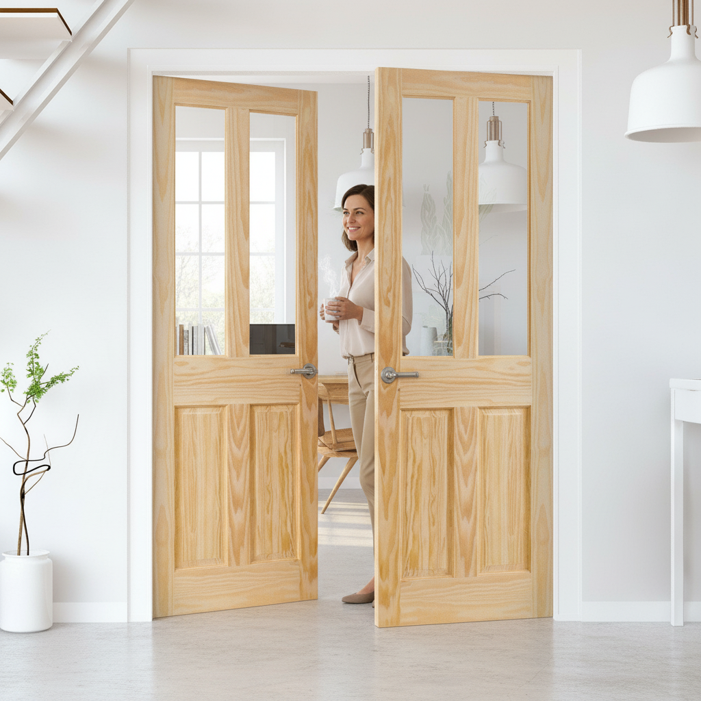 Internal Clear Pine Unfinished 2 Panel 2 Light Glass Door...