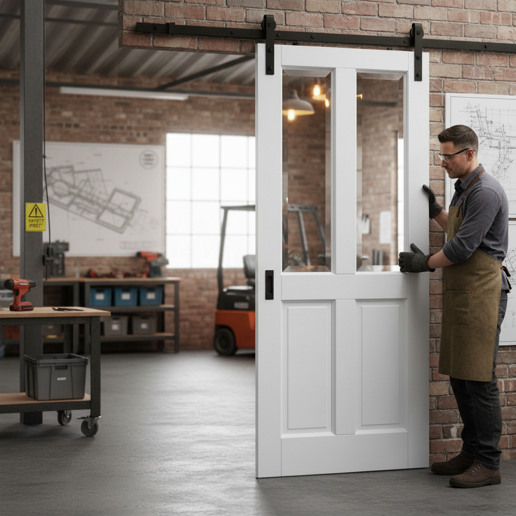 Internal White Primed 4 Panel 2 Light Sliding Door Set