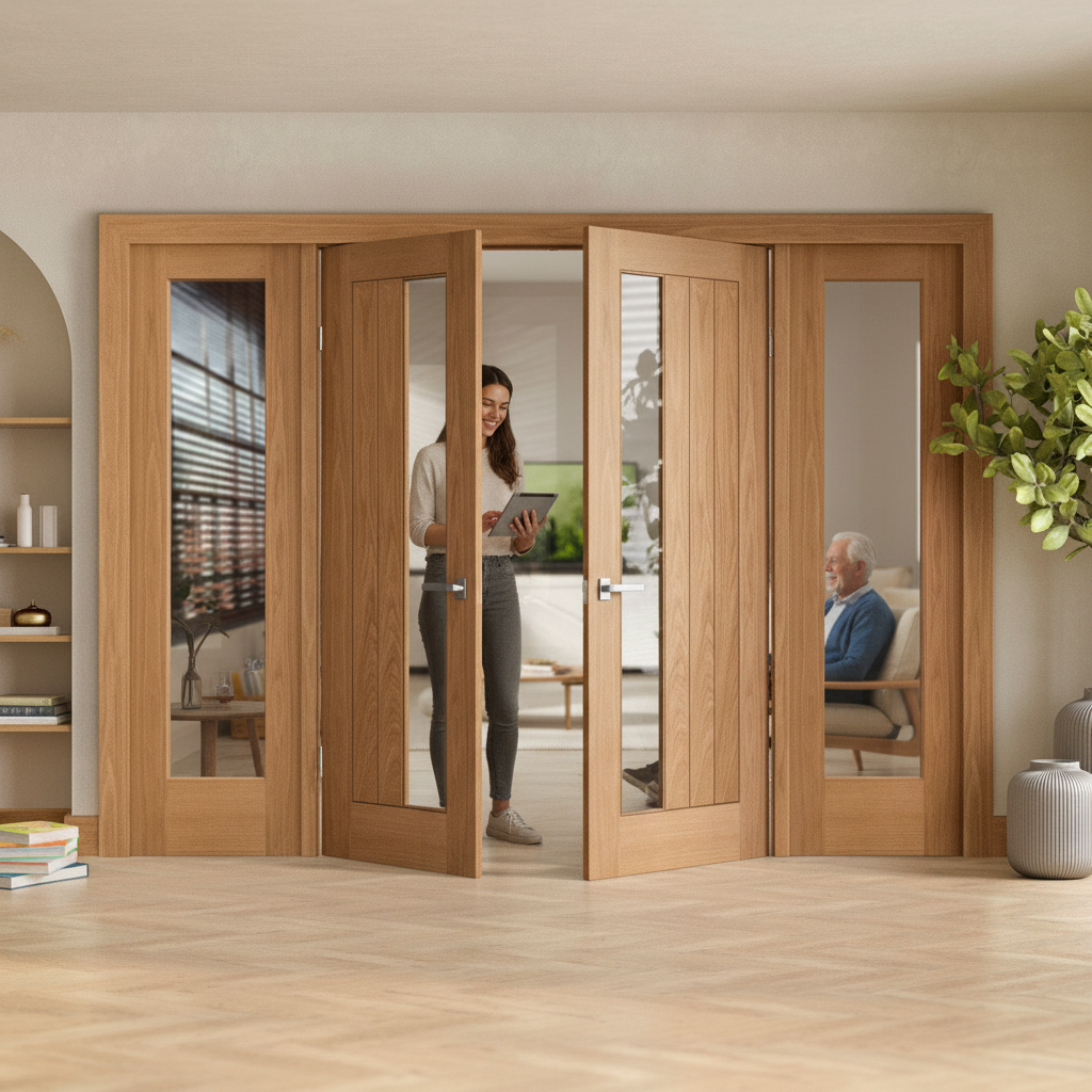 Unfinished Oak Internal Room Divider Set with Clear Glass...