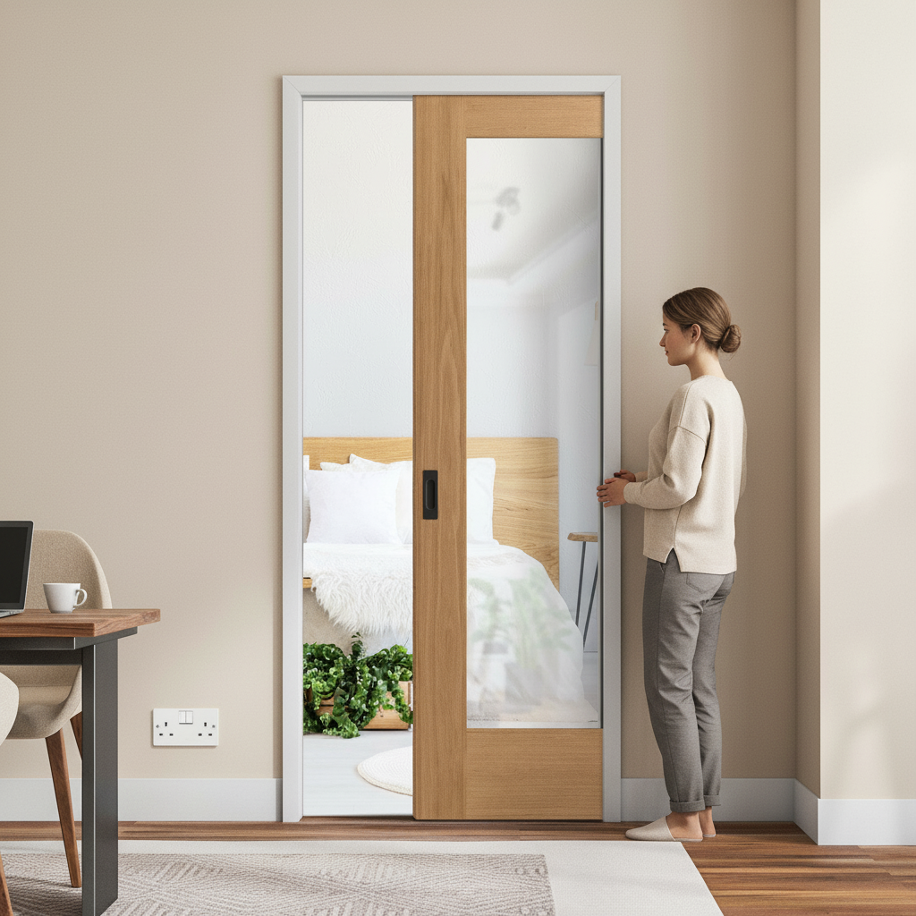 Oak Pocket Door Set with Clear Glass Panel