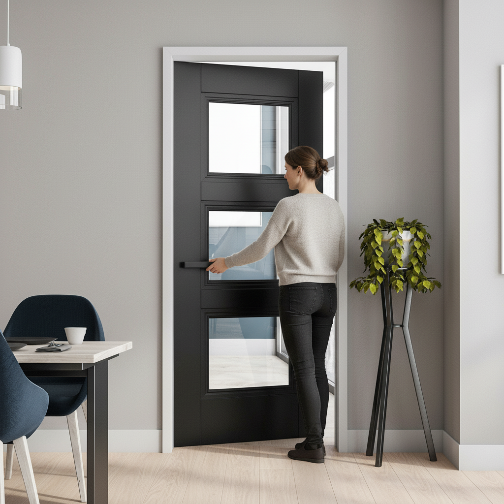 Premium Made-to-Measure Internal Door with 3 Light Clear Glass Panels - Elegant Black Frame Design for Modern Interiors