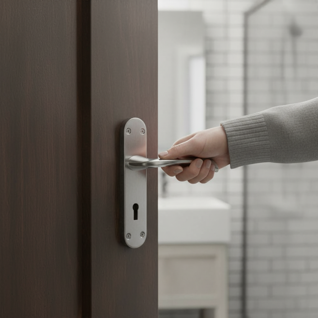 Satin Chrome Bathroom Door Handle Set with Lock