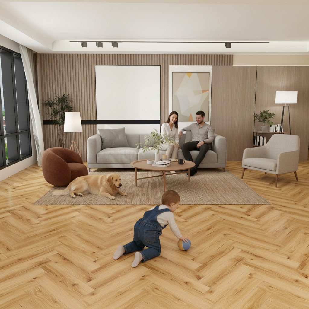 Premium Herringbone Vinyl Flooring 5.5mm Thick with Waterproof Surface and Built-In Underlay for Kitchens and Bathrooms